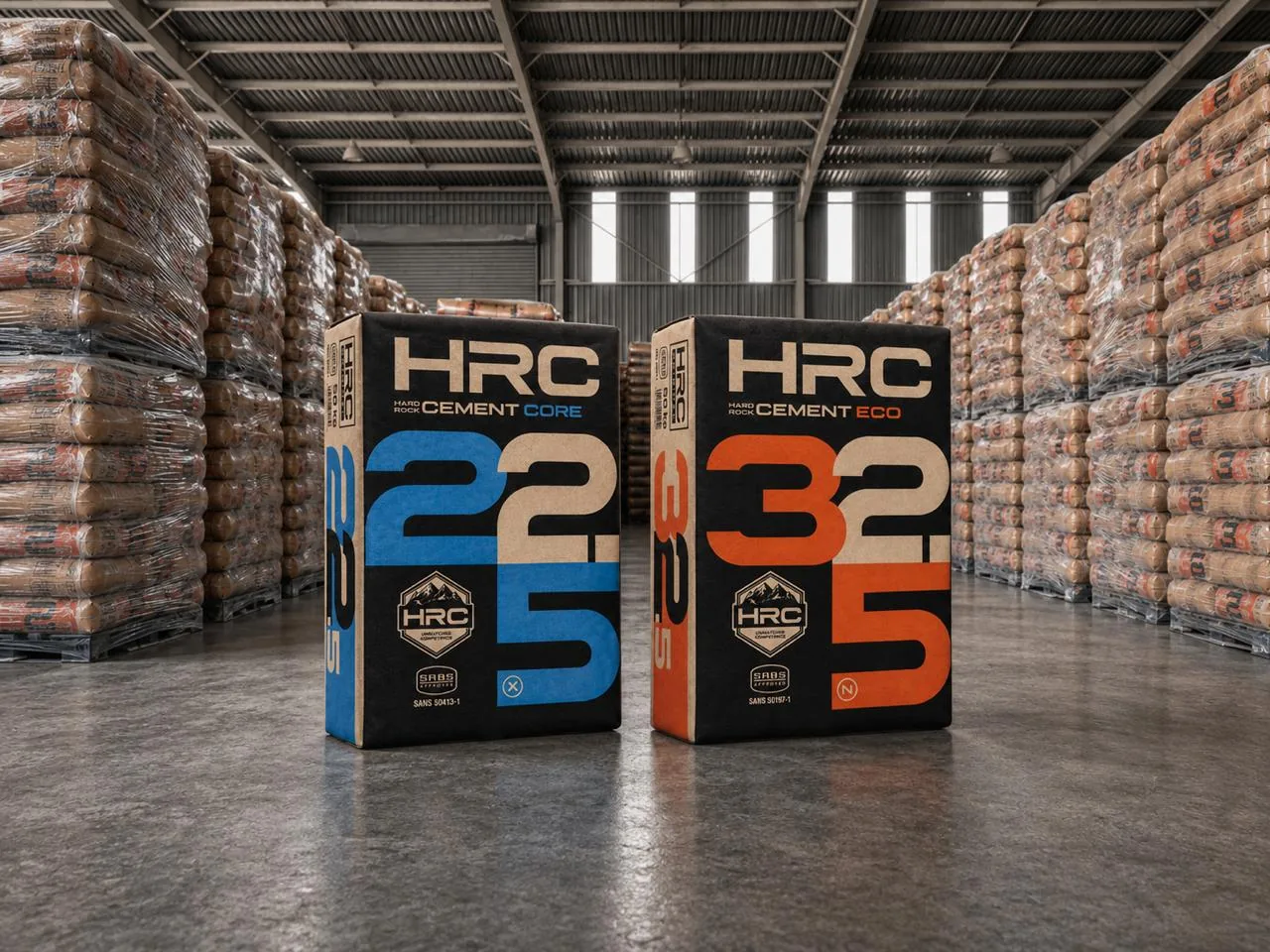 HRC 22.5X and HRC 32.5N bags standing on the warehouse floor
